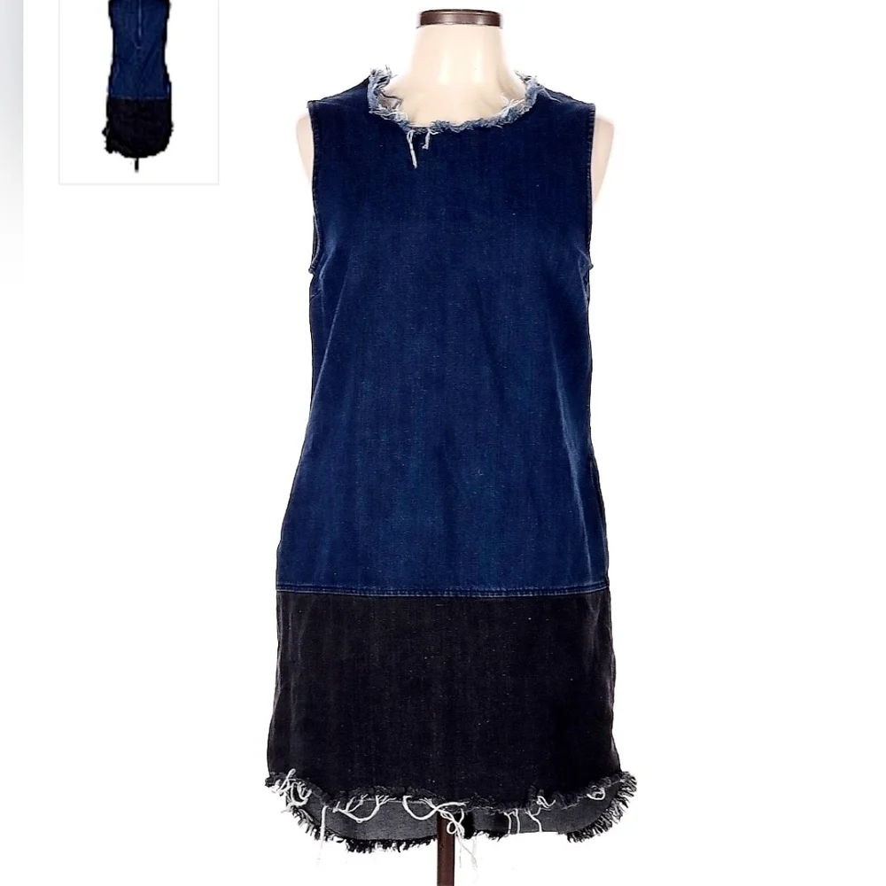 Colorblock Blue Black Denim Jean Dress Women's Large L Raw Frayed Hem Sleeveless - Picture 1 of 8